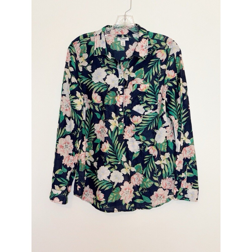Old Navy Hawaiian Print Cotton Shirt Size Medium Navy With White Pink Flowers